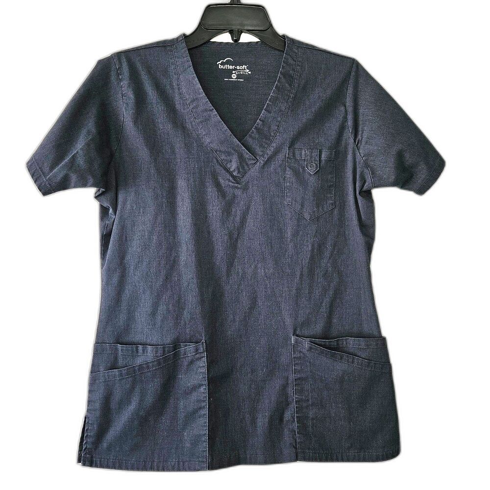 BUTTER SOFT Denim Color Scrubs Top Stretchy Medium